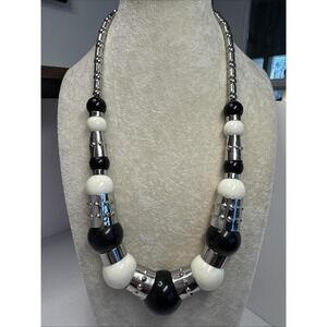 VTG Necklace Chunky Western Tribal Boho Black White Silver Tone Beaded 24"